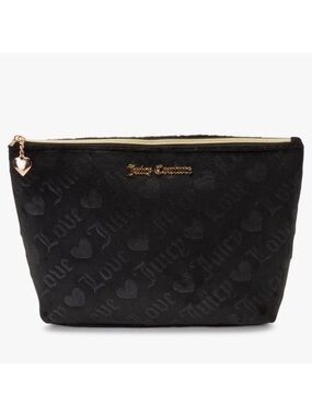 Juicy Couture Black Logo Quilted Velour Top Zip Wedge Cosmetic Toiletry Bag
